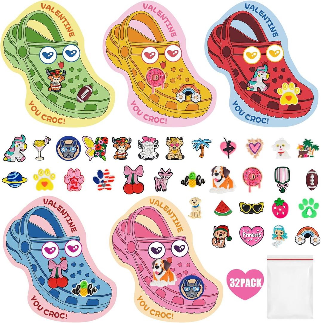32 Sets Valentines Day Cards for Kids School Classroom Kit, 32PCS Funny Valentines Gift Cards with 64PCS Shoe Charms Bulk, Valentine Exchange Card for Boys Girls Class Classroom Gifts Party Favors (Multi-colored-32sets)