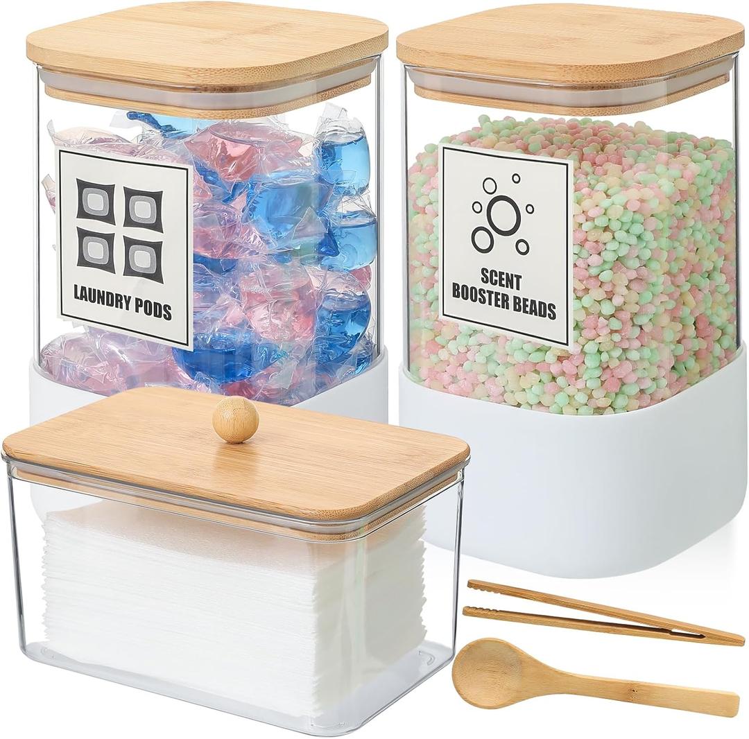 3 Pack Glass Laundry Pods Container with Bamboo Lid, Acrylic Dryer Sheet Holder, Laundry Detergent Powder Storage Containers with Stickers, Glass Storage Jar Set for Laundry Room Organized