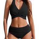 AI'MAGE Womens High Waisted Bikini Sets Tummy Control Bathing Suits Halter Two Piece Swimsuit Modest Bikini 2026 Black,L