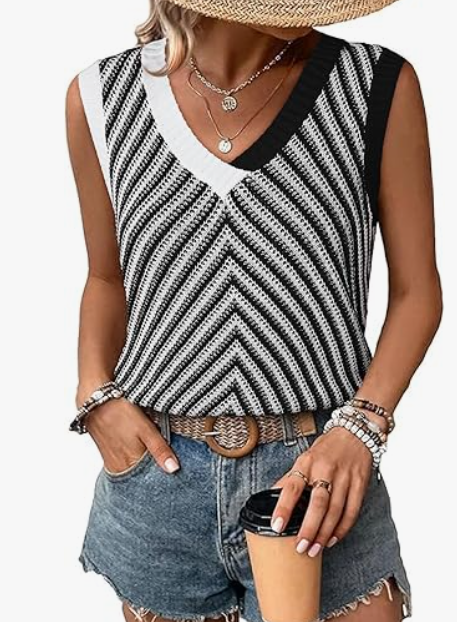 SHEWIN Tank Tops for Women 2025 Casual Sleeveless Shirts Knit Sweater Vest V Neck Summer Tops (X-Large, Black/White)