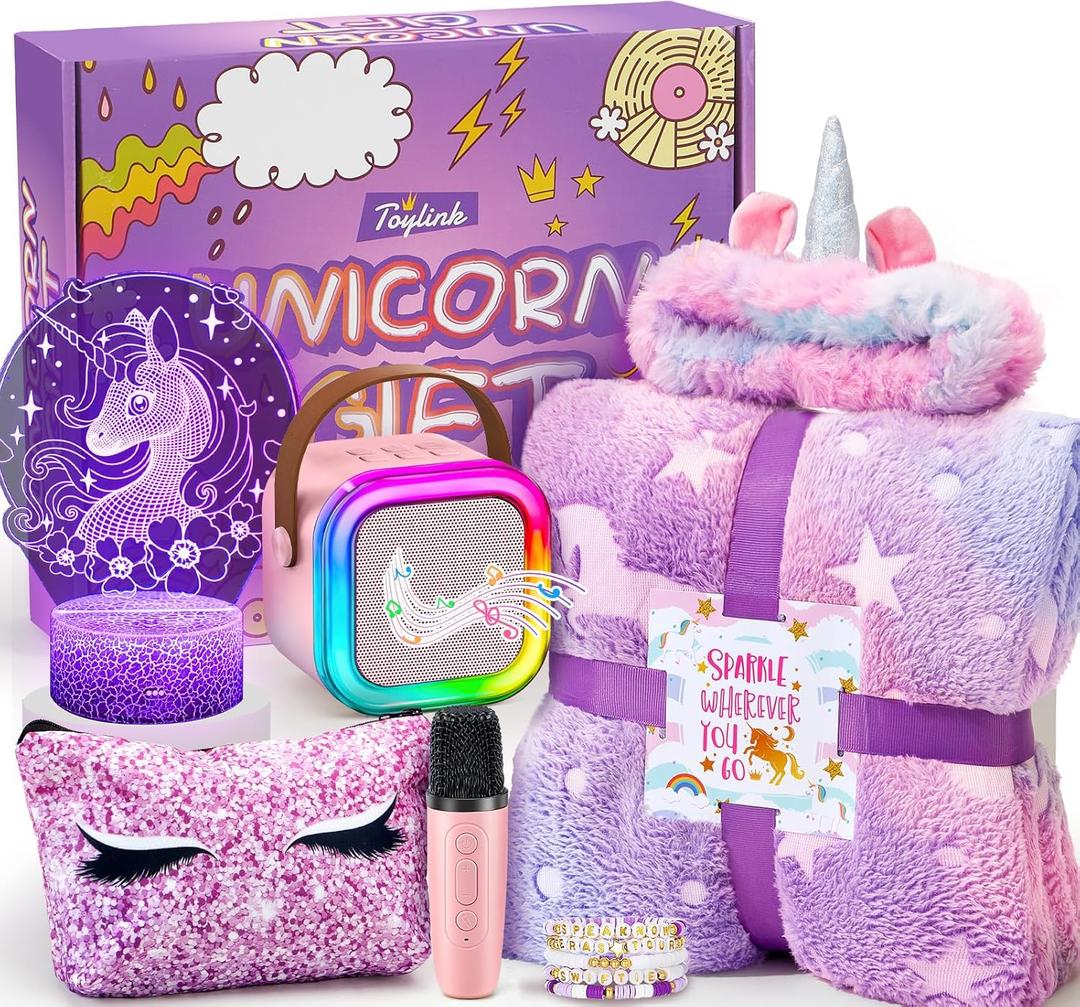 Unicorn Gifts for Girls Age 4 5 6 7 8 9 10, Kids Unicorn Toys with Mini Karaoke Machine/Glowing Blanket/Night Light/Headband/Bracelets, Birthday Graduation Gifts for Daughter Niece