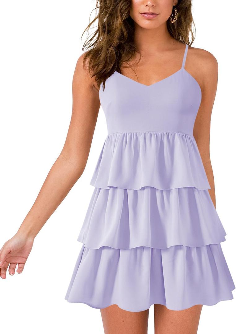 Womens Sexy V Neck Summer Dress Adjustable Spaghetti Strap Sleeveless Flowy Mini Short Dresses (Large, Light Purple)