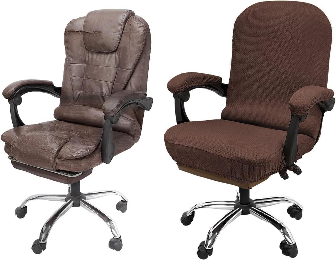 NeColorLife Stretchable Office Chair Cover with Armrest Covers  High-Back Desk Chair Slipcover, Checked Jacquard Fabric, Washable (Large Size, Coffee)
