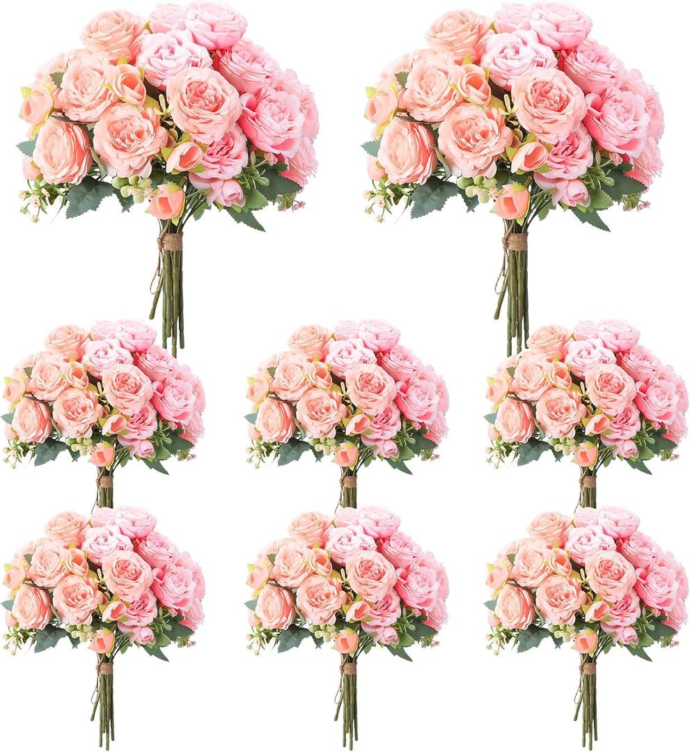 Geosar 8 Bundles Artificial Peonies Flowers Fake Silk Peony Bouquet Faux Peonies Flowers Bulk for Decoration Vase Floral Arrangements Wedding Party Table (Peach Pink,Light Pink)