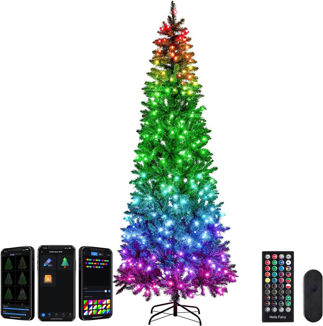 FANCILLUMA 7.5FT Prelit Christmas Tree with 350 LED Lights, App Controlled Artificial Christmas Tree with Multi-Color RGB Lights & Music Sync, Slim Pencil Christmas Tree for Home Christmas Decorations