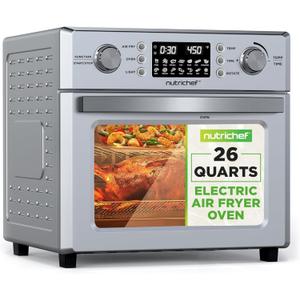 NutriChef 26L Electric Air Fryer Oven | 1700W Countertop Rotisserie & Air Fryer | 360 Rotating Feature | 10 Digital Menu Presets | Includes Drip Tray, Air Frying Basket & Bake Rack 15x16x14 (Silver)