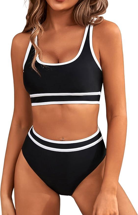 BMJL Women's High Waisted Bikini Sets Sporty Two Piece Swimsuits Color Block Cheeky High Cut Bathing Suits, Size Medium