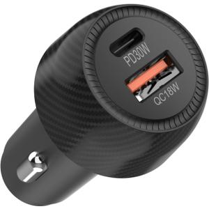 Car Charger with USB-C and USB-A Ports, 30W PD, 18W QC, Black