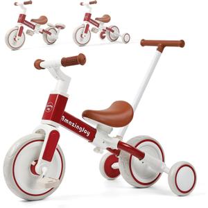 6 in 1 Toddler Tricycle with Push Handle Kids Tricycle for 2-5 Year Olds Toddler Bike for 1 Year Trikes for Kids 1-3 with Removable Pedal Adjustable Seat Birthday Gift Trike 1 to 3 Tricycle Red