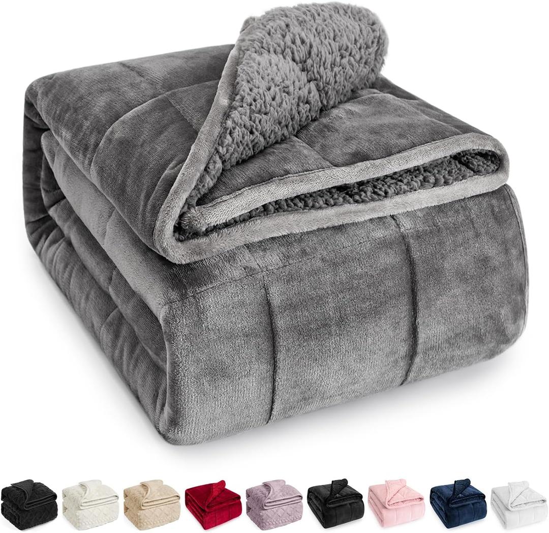 Wemore Sherpa Fleece Weighted Blanket for Adult, 15 lbs Dual Sided Cozy Fluffy Heavy Blanket, Ultra Fuzzy Throw Blanket with Soft Plush Flannel Top, 60 x 80 inches Grey on Both Sides