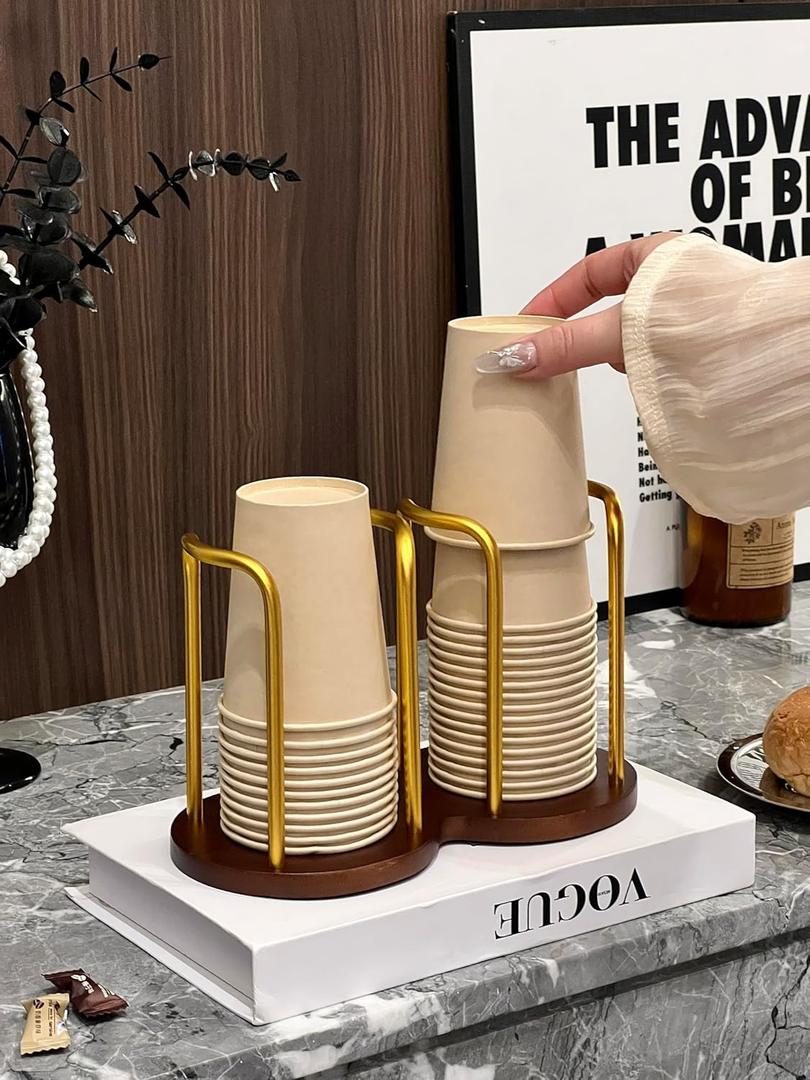 Wood Bathroom Cup Holder 3oz-12oz, Stylish Walnut Disposable Cup Dispenser, Plastic Mouthwash Cup Storage Organizer for Cups (Under 3.35in Diameter) -Perfect for Office, Kitchen, Gym, School or Cafes