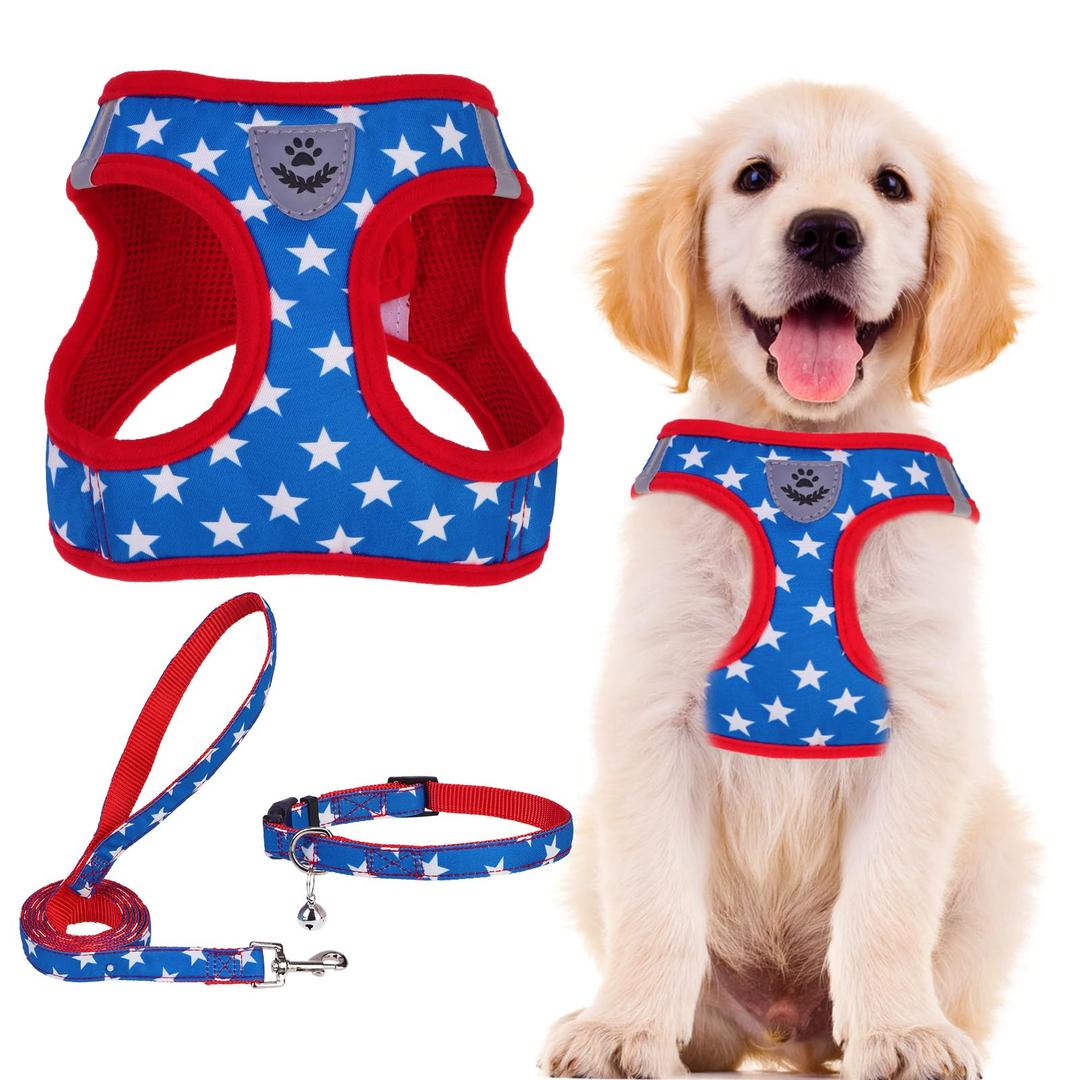 PUPTECK Adjustable Dog Harness Collar and Leash Set Step in No Pull Pet Harness for Small Medium Dogs Puppy and Cats Outdoor Walking Running, Soft Mesh Padded Reflective Vest Independence Harnesses ( Size S )