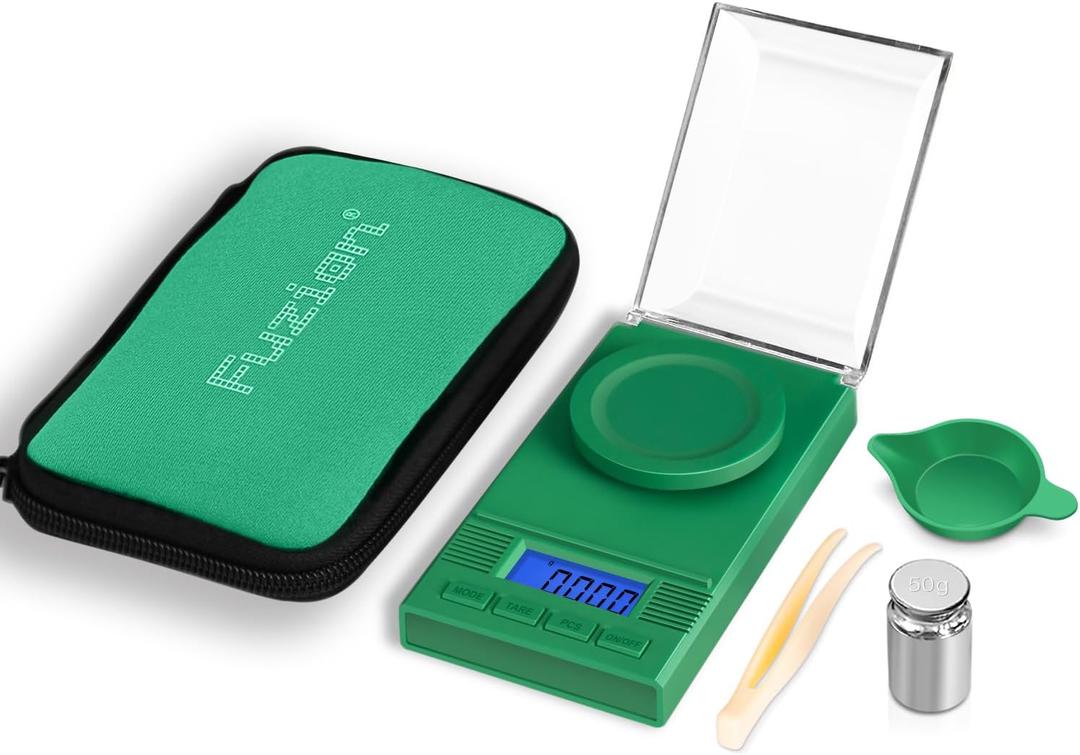 Fuzion Milligram Scale 50g/ 0.001g, Portable mg Scale with LCD Backlit, Tare, Digital Jewelry Scale, Microgram Scale for Powder, Gold, Gem, Reloading, Batteries Included (Green)