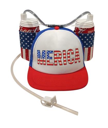 USA Merica Drinking Cap Adjustable Size Hat with Straw for Soda or Beverage Guzzler Drink Helmet - America Drinking July 4th Costume - All American Party Gear