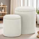 Round Ottoman with Storage, Set of 2, Small Vanity Stool with Storage as Vanity Chair, Corduroy Beige Ottoman Foot Rest for Small Space, Bedroom and Living Room