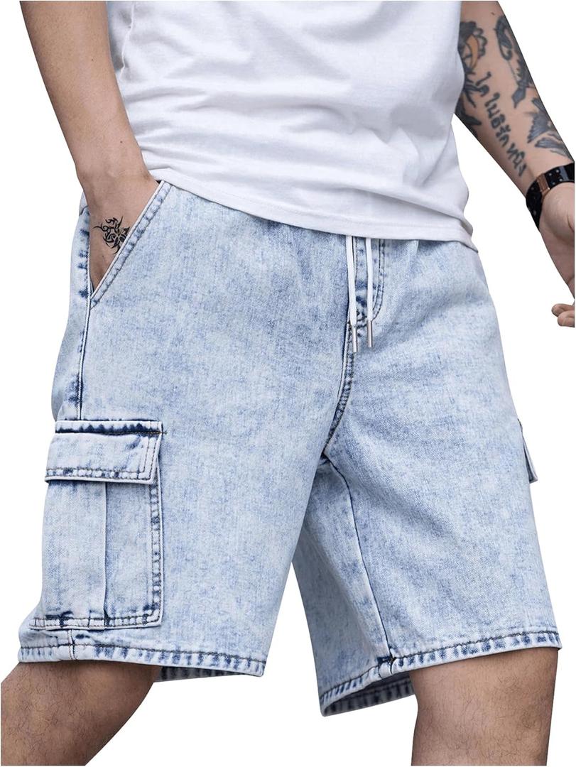 OYOANGLE Men's Drawstring Elastic Waist Flap Pocket Straight Cargo Jean Denim Shorts (Medium)