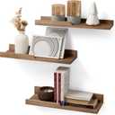 Floating Shelves Wall Mounted Set of 3 - Rustic Paulownia Wood with Anti-Fall Edge, Lightweight Decorative Display Shelf, Easy Install - Farmhouse Decor for Bathroom Bedroom Kitchen (17", Retro Brown)