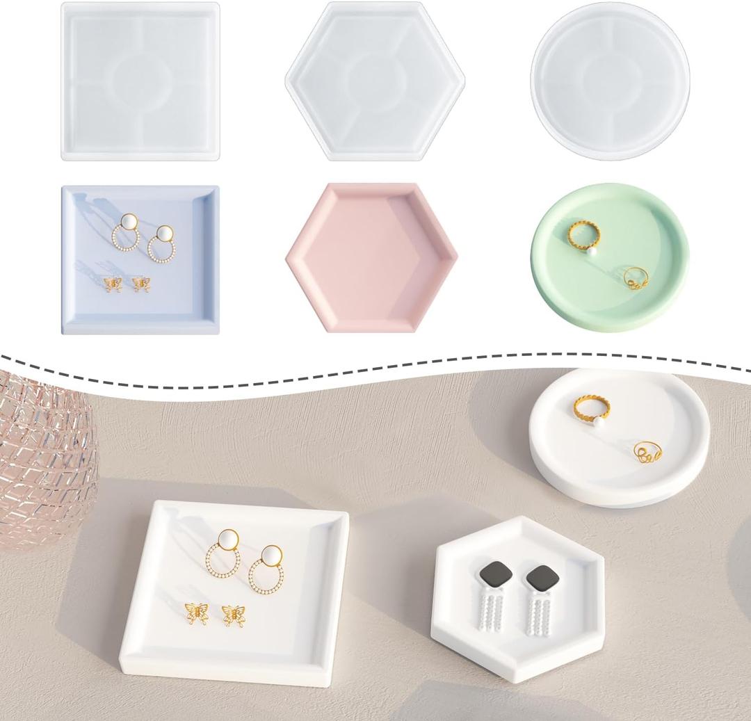 Resin Coaster Molds for Epoxy Resin, Round Square Hexagon Soap Dish Silicone Molds for Art Crafts, Trinket Jewelry Holder Plaster Silicon Moulds with Sides for Beginners(Small 3.2Inch)