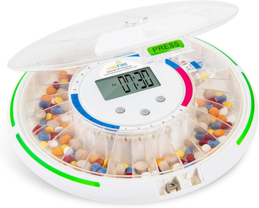 Live Fine Automatic Pill Dispenser with 28-Day Electronic Medication Organizer, 6 Dosage Templates, Easy-Read LCD Display, Sound & Light Alerts & Key for Prescriptions, Vitamins, Supplements & More (Frosted Lid)