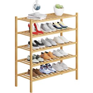 5 Tier Bamboo Shoe Rack Storage Organizer for Closet, Multifunctional Stackable Free Standing Shoe Shelf Organizer for Small Space, Entryway, Hallway, Bathroom 27"x11"x32"(Natural, 5 Tier)
