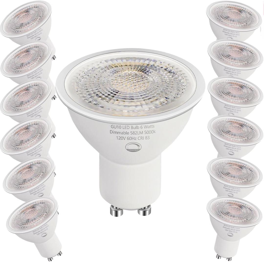 12 Pack GU10 LED Light Bulbs, 6W Dimmable, 50W Equivalent, 582LM 5000K Daylight
