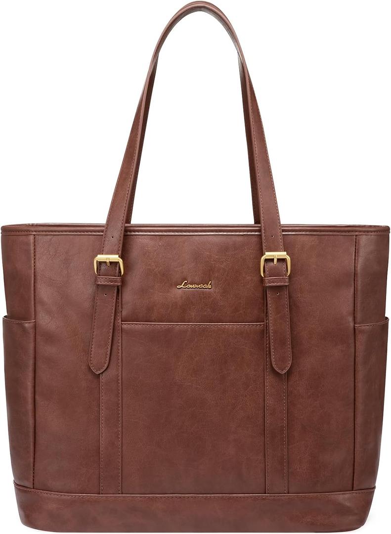 LOVEVOOK Laptop Tote Bag for Women,Vintage Leather Work Tote Bag for Women, 15.6 Inch Computer Briefcase Bag,Waterproof Teacher Business Office (Earthy Brown)