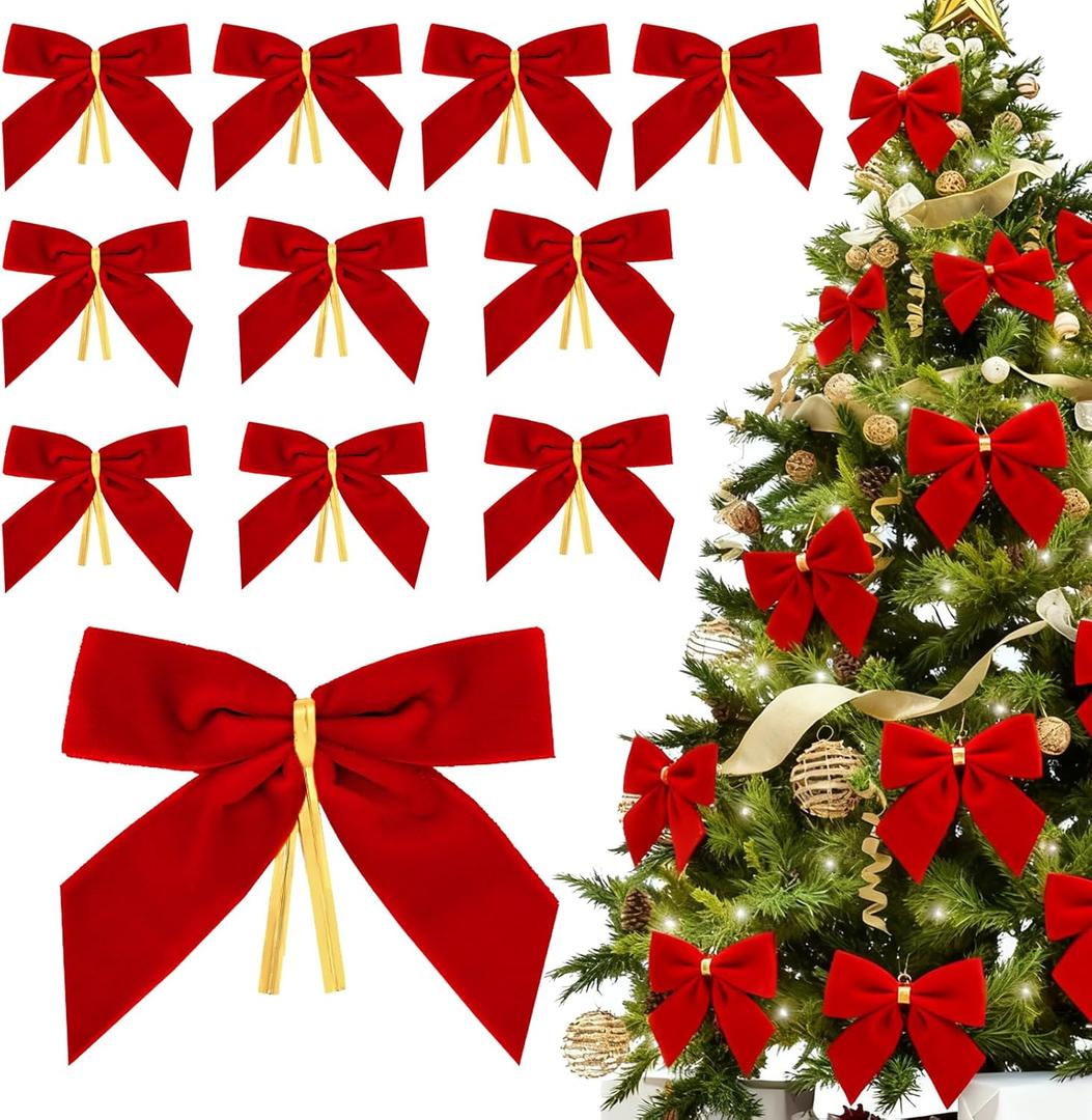 28PCS Red Velvet Bows for Christmas Tree,Velvet Ribbon Bows Christmas Ornaments for Xmas Tree Decorations Home Decor for Wreath Garland Gift Wrapping Crafts Wedding Party