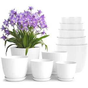 ZenFang Plant Pots Indoor with Drainage 7/6.5/5.9/5.3/4.6 Inches, Flower Pots for Outdoor Planter Pack of 10 Plastic Planters, Ideal for Home Decor or Home Christmas Decorations - White