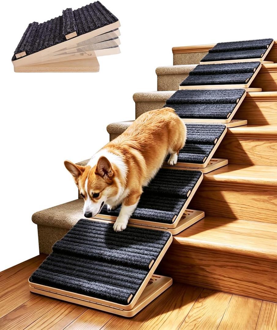 6 Pack Foldable Wooden Dog Ramp for Stairs, Non-Slip Pet Steps Ramp for Small Dogs, Portable Pine Wood Dog Stair Ramp for Door Step, Porch, Outdoor Use, 4.9/6.7/6.9-inch Height Adjustment