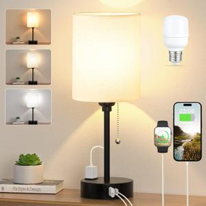 Small Bedside Table lamp for Bedroom - 3 Color Temperatures Bedside Lamps with USB C and A Ports, Pull Chain Table Lamps with AC Outlet, White Nightstand Lamps with Black Metal Base for Kids Reading (14.6 in)
