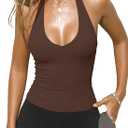 Darong Women's V Neck Built-in Bra Tank Top Double Lined Sleeveless Shirts Open Back Fitted Going Out Cami Basic Tops (Large, Coffee)