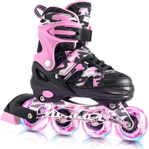 Kuxuan Skates Adjustable Inline Skates for Girls Women with Full Light Up Wheels Outdoor Fun Illuminating Skates for Kids and Adult, Small (Kids 10-12 US), Pink