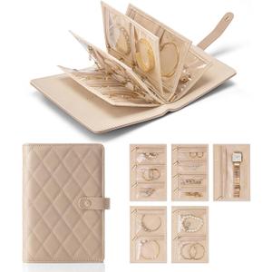 Vlando Travel Jewelry Organizer Case,Jewelry Storage Book Ring Binder with Clear Zipper Velvet Pouch Bag for Traveling,Rings,Necklace,Earrings,Bracelets,Brooches-Toffee