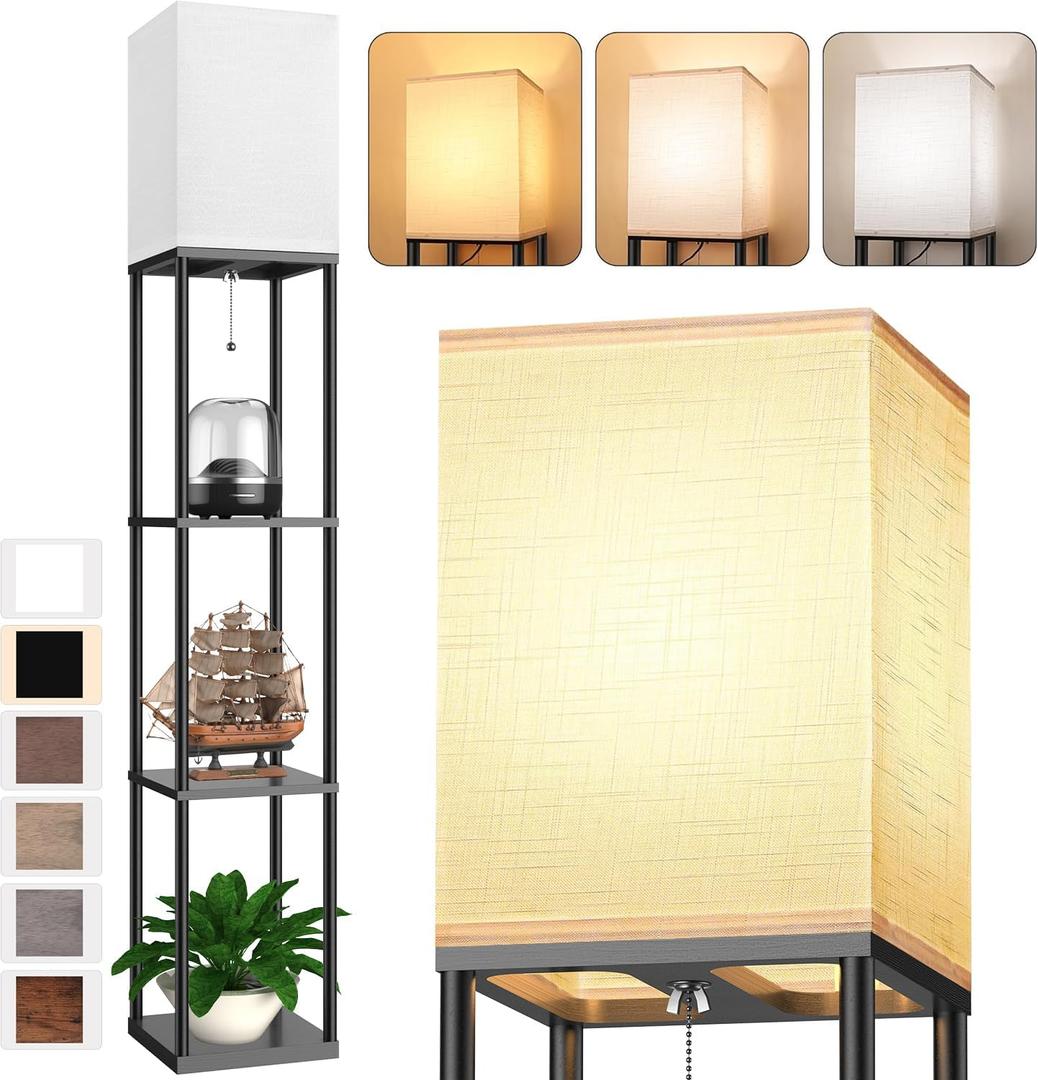 Floor Lamp with Shelves for Living Room, Shelf Floor Lamp with 3 CCT LED Bulb, Corner Display Standing Column Lamp Etagere Organizer Tower Nightstand with White Linen Shade for Bedroom, Office (Black)