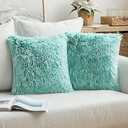 MIULEE Pack of 2 Ultra Soft Fluffy Throw Pillow Covers Decorative Plush Shaggy Double-Sided Faux Fur Winter Pillow Cases Cushions Covers for Cute Sofa Bedroom Car 18x18 Inch Aqua Green Ombre
