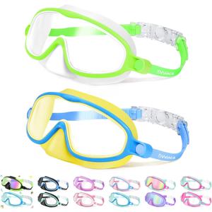 Vvinca 2 Pcs Kids-Swim-Goggles with Nose Cover, Swimming Diving Mask Wide View Anti Fog UV Anti Shattered Lens for Kids 3-6 (03-neon Green & Yellow)