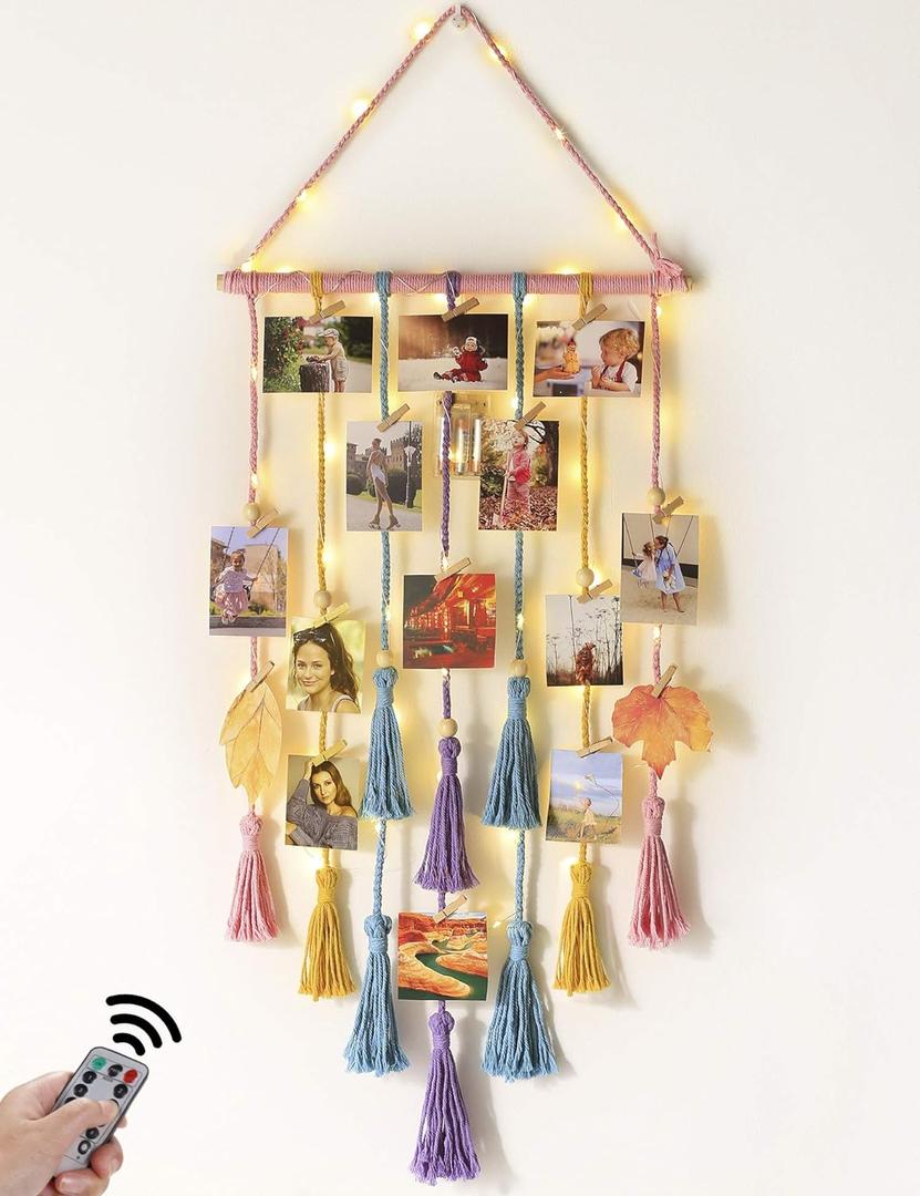 Homecor Room Decor for Teen Girls, Hanging Photo Display Macrame Picture Collage Wall Decor, Boho Decor for Bedroom Apartment Dorm Room with Remote Light, Christmas Birthday Gifts for Teenage Girls (Multicolor)