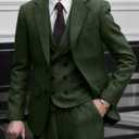Retro 3 Pieces Men Suit Tweed Herringbone Suits for Men Formal Wool Jacket Dress Suit Vest Pants Wedding Prom Tuxedo (Green) XXL