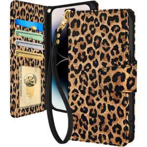 Toycamp for iPhone 14 Pro Wallet Case with Wrist Strap - Leather Flip Folio Phone Case with RFID Blocking 4 Card Holder for Apple for iPhone 14 Pro Funda Cute Aesthetic for Women Ladies, Leopard Print