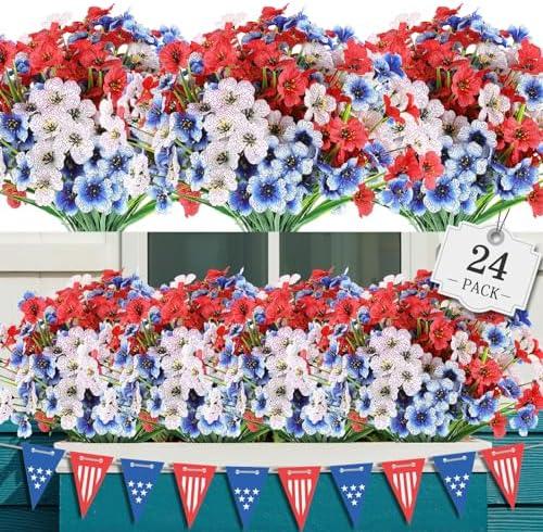 AGIRL 24 Bundles Artificial Flowers for Outdoor,No Fade Fake Plastic Flowers for Garden Porch Window Box Home,Red White Blue Faux Plants for 4th of July Memorial Day Independence Day Patriotic Decor