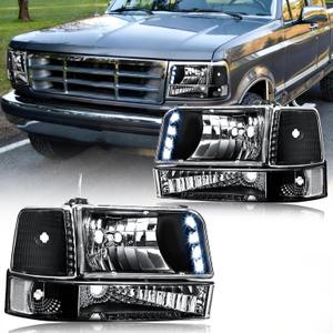 LED Headlights for 1992-1996 Ford F150/F250/F350/ 1992-1996 Bronco Headlamp W/LED Bar Black Housing Clear Reflector