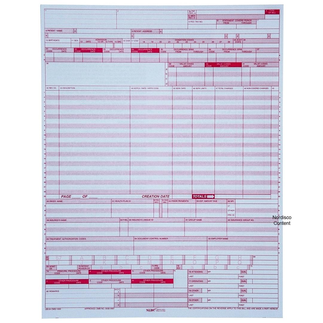 UB-04 (CMS 1450) Health Insurance Claim Form (Pack of 500 sheets)