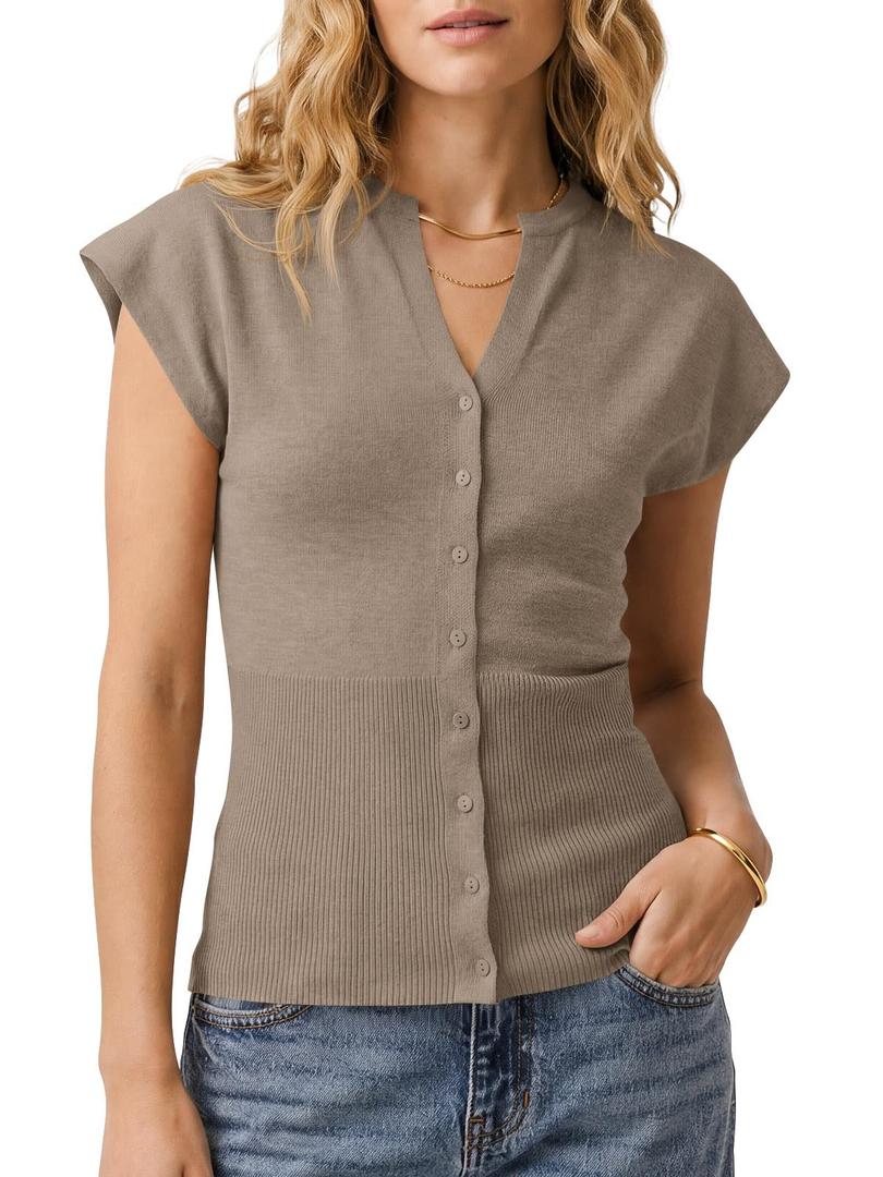 Saodimallsu Womens Button Down Sweater Vest Sleeveless Ribbed V Neck Tank Tops Summer Lightweight Knit Fitted Cardigan Khaki (Brown)