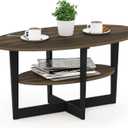 Furinno Jaya 2-Tier Round Coffee Table, Small Rustic Brown Coffee Table with Storage Shelf, Oval Center Table for Living Room, Bedroom, Home Office, Brown Walnut