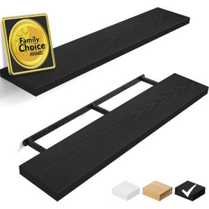 BAYKA Floating Shelves, 48 inches Long Heavy Duty Wall Mounted Rustic Wood Shelves for Bathroom, Bedroom, Living Room, Kitchen, Office, Hanging Shelf for Books/Storage/Decor(Black,Set of 2) (A. Black - Universal Classic Style)