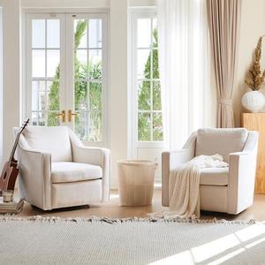COLAMY Upholstered 360° Swivel Accent Chair  Thick Padded Arm Chair Solid Metal Base, Mid-Century Sofa Chair Modern Reading Chair for Living Room and Bedroom, Beige