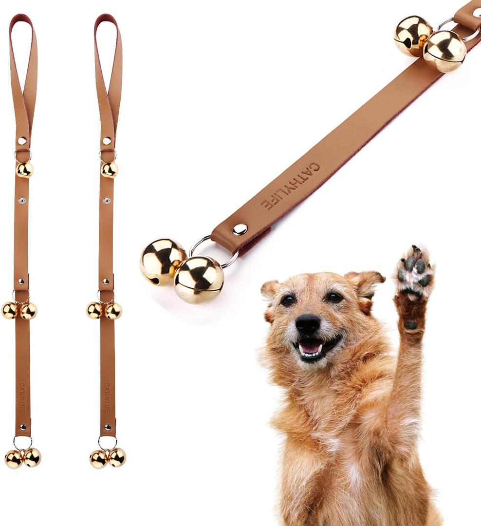 CATHYLIFE Leather Dog Doorbells for Door Knob, Adjustable Brass Potty Training Bells for Puppy to Go Outside, Easy Dog Door Bell for Potty Training, Brown Leather Golden Bells - 2 Pack