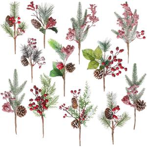Crafare12-16 Inch Large Artificial Christmas Tree Picks 12 Styles Assorted Holly Picks Stems with Pinecones Leaves for Xmas Tree Filler Floral Arrangement Winter Holiday Season Dcor