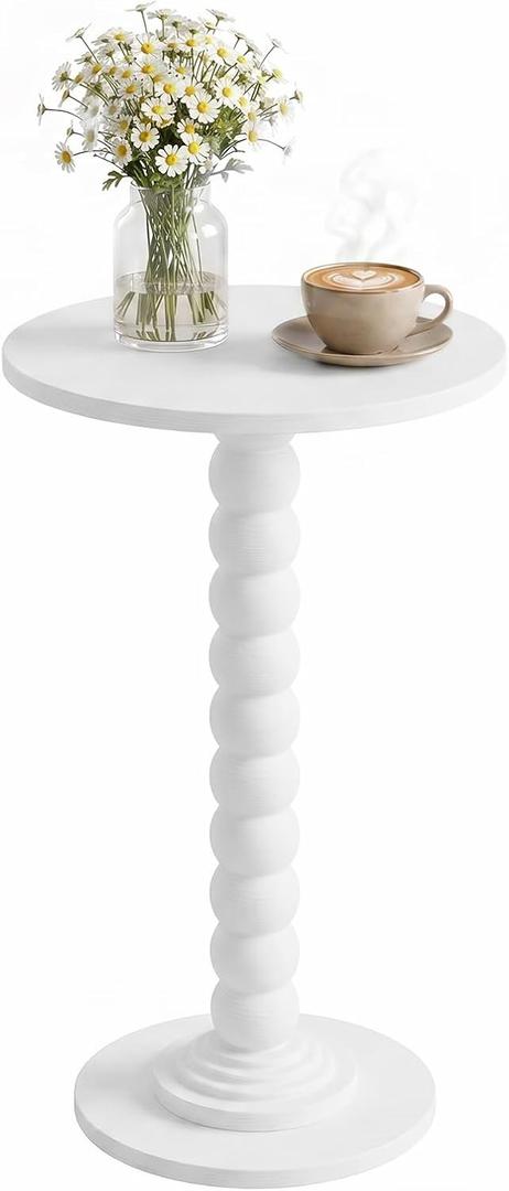 Round Side Table, Small Drink End Table, Solid Wood Leg Accent Nightstand | Pedestal Base Design, Sofa Side Table, Living Room Bedroom Furniture, Apartment Office Decor, White