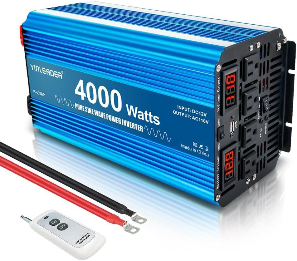 4000 watt Inverter Pure sine Wave Inverter 12V to 110V/120V Power Inverter, 8000W Peak DC to AC Inverter with LCD Display 4 AC Outlets,USB Port, Wireless Remote Control for Truck, RV